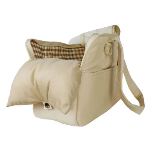 Sac de transport rigide beige à carreaux avec aérations pour Chihuahua – Idéal pour voyager avec votre petit chien ou chat en sécurité